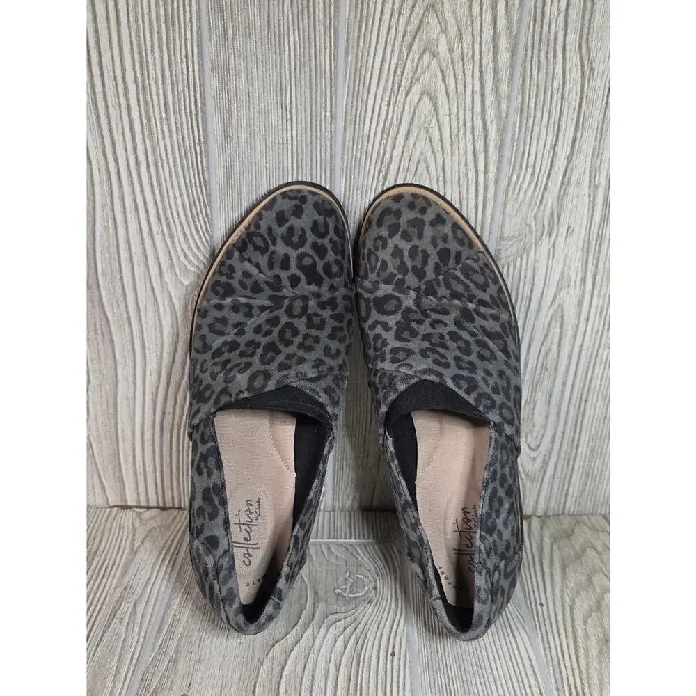 Clarks Sharon Form Grey Leopard Print Loafers Womens Size 8